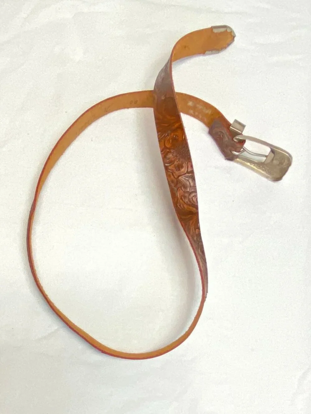 C&ck Tooled Leather Ornate Silver Tone Buckle Narrow Belt Brown Cowgirl Western